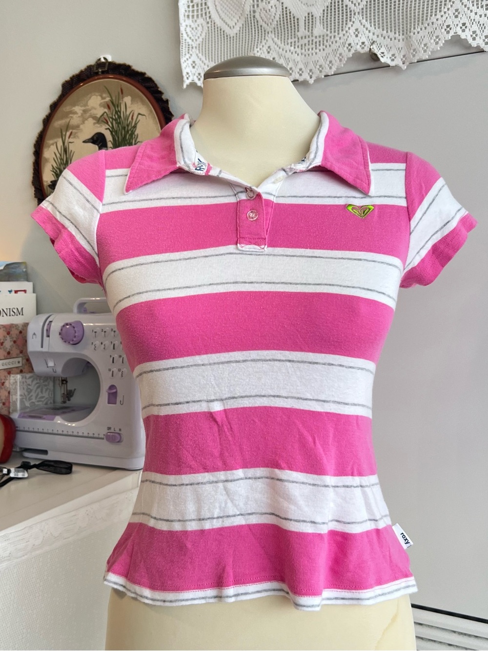 Y2K Roxy pink and white horizontal striped polo shirt